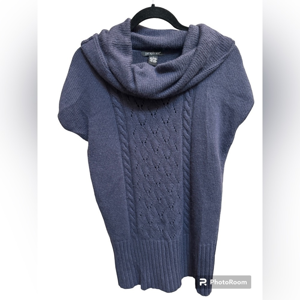 ANGORA PARAPHRASE Rabbit Wool Blue Cowl Neck Short sleeve Sweater Holiday SM EUC